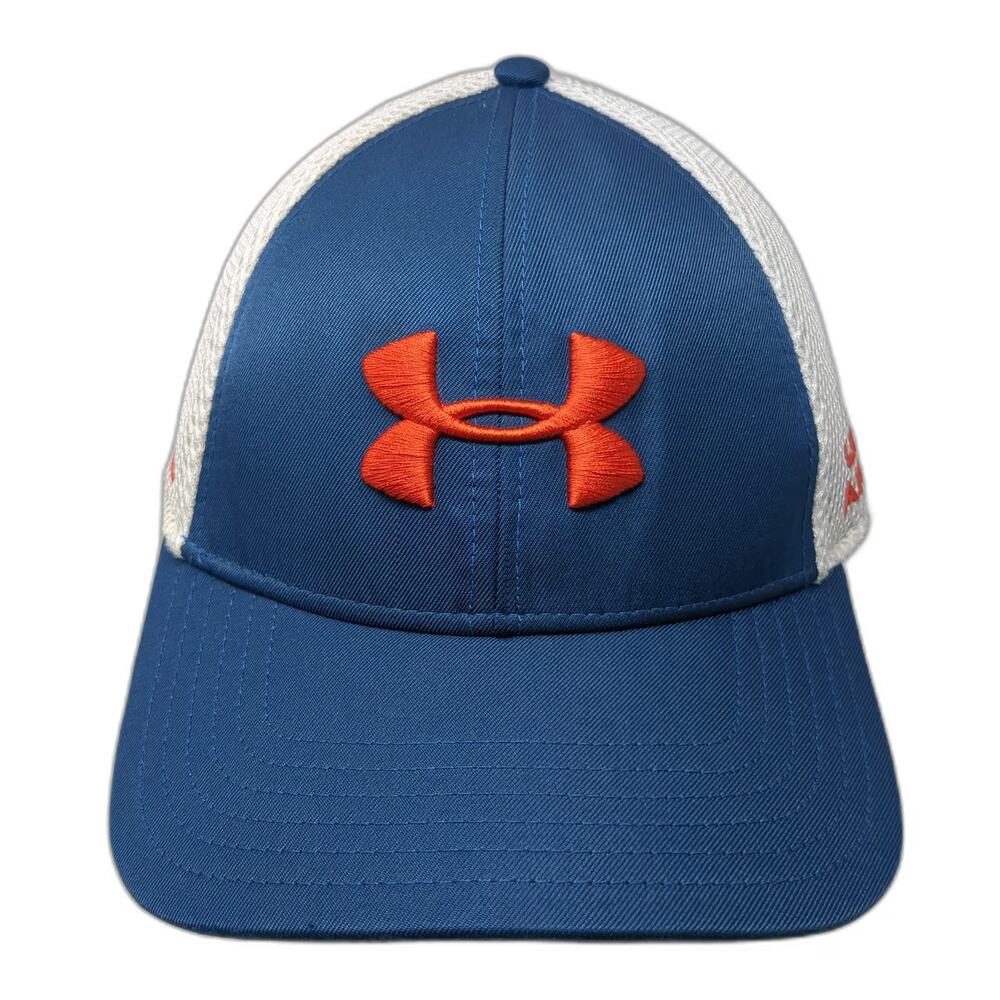 Under Armour Baseball Cap Blue L X-Golf Mesh Back Stretch Fit Hat Orange Logo